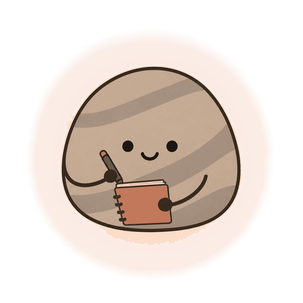 Pebble mascot writing in a notebook